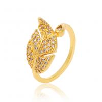 Brass Cuff Finger Ring, Leaf, real gold plated, micro pave cubic zirconia & for woman, golden, 21mm 