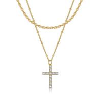 Cubic Zircon Micro Pave Brass Necklace, Cross, 18K gold plated, Double Layer & detachable & micro pave cubic zirconia & for woman, golden 