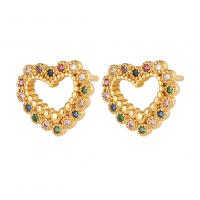 Cubic Zirconia Micro Pave Brass Earring, Heart, gold color plated, fashion jewelry & micro pave cubic zirconia & for woman & hollow, multi-colored 