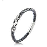 Cuero de PU Pulsera, con acero inoxidable 304, para hombre, Negro, longitud:aproximado 8.26 Inch, Vendido por UD