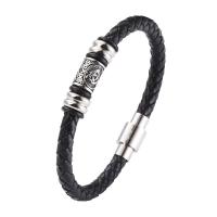 Cuero de PU Pulsera, con acero inoxidable 316, pulido, Joyería & longitud diferente para la opción & para hombre, Negro, 6mm, Vendido por UD