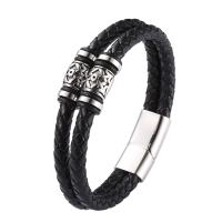 Cuero de PU Pulsera, con acero inoxidable 316, pulido, Doble capa & Joyería & longitud diferente para la opción & para hombre, Negro, Vendido por UD