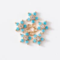 Cubique Pendentif en laiton zircon pavent, avec turquoise, fleur, plaqué de couleur d'or KC, pavé de micro zircon, bleu turquoise, 5.7mm, Vendu par PC