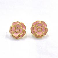 Brass Stud Earring, Flower, real gold plated, for woman & enamel 15mm 