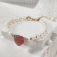 Zink Legierung Perlen Armbänder, Natürliche kultivierte Süßwasserperlen, mit Strawberry Quartz & Zinklegierung, mit Verlängerungskettchen von 2.36inch, Herz, Modeschmuck & für Frau, Länge:ca. 5.91 ZollInch, verkauft von PC