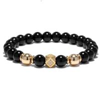 Negro Obsidiana pulsera, con metal, Esférico, chapado, diverso tamaño para la opción & para hombre & con diamantes de imitación, más colores para la opción, longitud:7.5 Inch, Vendido por UD