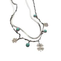 Titanium Steel Jewelry Necklace, with turquoise, with 5cm extender chain, Four Leaf Clover, Double Layer & fashion jewelry & adjustable & for woman, silver color .7 cm, 43.2 cm 