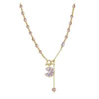 Collier de chaîne en laiton de perles d'eau douce, perle d'eau douce cultivée, avec laiton, avec 5cm chaînes de rallonge, fleur, Placage de couleur d'or, bijoux de mode & réglable & pavé de micro zircon & pour femme .6 cm, Vendu par PC