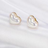 Boucles d'oreilles en acier titane, avec perle de plastique, coeur, Placage de couleur d'or, pour femme, Or Vendu par paire