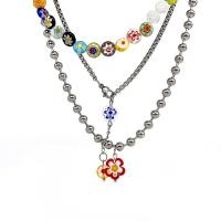 Collier en Murano bijoux, Acier titane, avec Millefiori Lampwork, avec 5cm chaînes de rallonge, fleur, poli, trois couches & bijoux de mode & pour femme, multicolore cm, 36 cm, 43 cm, Vendu par PC