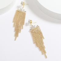 Moda flecos pendientes, metal, chapado en color dorado, micro arcilla de zirconia cúbica & para mujer, dorado, 90x20mm, Vendido por Par