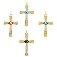 Fashion Evil Eye Pendant, Brass, Cross, gold color plated, DIY & evil eye pattern & micro pave cubic zirconia & enamel 