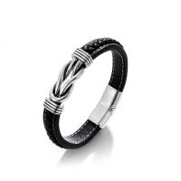 Cuero de PU Pulsera, con acero inoxidable 304, pulido, diferentes patrones para la opción & para hombre, Negro, longitud:aproximado 8.46 Inch, Vendido por UD