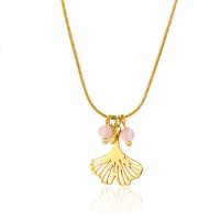 Edelstahl Schmuck Halskette, 304 Edelstahl, mit Rosa Achat, mit Verlängerungskettchen von 5cm, Blatt, Vakuum-Ionen-Beschichtung, Modeschmuck & für Frau, goldfarben, 17mm, Länge:43.5 cm, verkauft von PC