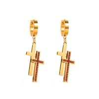 Huggie Hoop Drop Earring, Titanium Steel, Cross, 14K gold plated, for woman & with rhinestone 