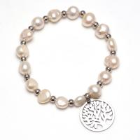 Bracelets de perles, Acier titane, avec perle d'eau douce cultivée, Arbre de vie, poli, élastique & pour femme, blanc, 56mm, Vendu par PC