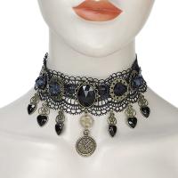 Gothic Necklace, Lace, with Crystal & Zinc Alloy, antique bronze color plated, for woman, black 