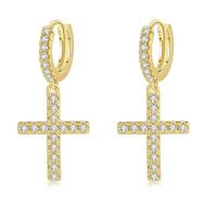 Huggie Hoop Drop Earring, Brass, Cross, plated, micro pave cubic zirconia & for woman 