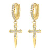 Huggie Hoop Drop Earring, Brass, Cross, plated, micro pave cubic zirconia & for woman 