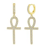 Huggie Hoop Drop Earring, Brass, Cross, plated, Unisex & micro pave cubic zirconia 