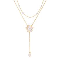 Enamel Zinc Alloy Necklace, with ABS Plastic Pearl, with 5cm extender chain, Flower, gold color plated, Double Layer & fashion jewelry & for woman, two different colored cm 