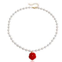 Collier de perles en plastique, alliage de zinc, avec Plastique ABS perle & résine, avec 5cm chaînes de rallonge, Rose, Placage de couleur d'or, bijoux de mode & pour femme, deux couleurs différentes, 20mm cm, Vendu par brin