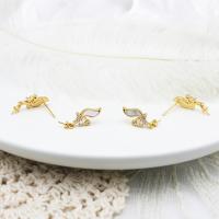 Brass Earring Stud Component, with White Shell, gold color plated & micro pave cubic zirconia, gold 