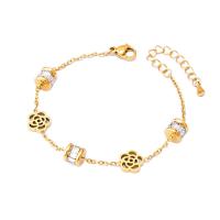 Titanium Steel Bracelet & Bangle, with 1.6inch extender chain, Flower, real gold plated, micro pave cubic zirconia & for woman & hollow Approx 6.1 Inch 