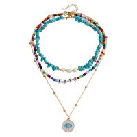 Collier de mode Multi couche, alliage de zinc, avec Seedbead & Plastique ABS perle & turquoise, avec 5cm chaînes de rallonge, Placage de couleur d'or, trois pièces & bijoux de mode & motif de mauvais œil & pour femme & émail, multicolore, 20mm cm, Vendu par fixé