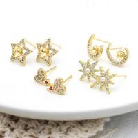 Brass Earring Stud Component, real gold plated & micro pave cubic zirconia & for woman, gold 