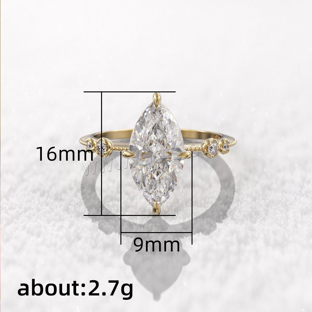 Anneau de cuivre de Zircon, laiton, oeil de cheval, Placage, normes différentes pour le choix & pour femme & avec zircone cubique, plus de couleurs à choisir, 9x16mm, Taille:6-10, Vendu par PC