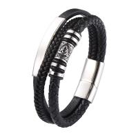 PU Leather Bracelet, with 316 Stainless Steel, fashion jewelry & multilayer & for man, black, 12mm 