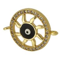 Evil Eye Jewelry Connector, Brass, Flat Round, real gold plated, micro pave cubic zirconia & enamel & hollow, black Approx 1mm 