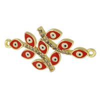 Conector de joyería de mal de ojo, metal, Rama, chapado en oro real, micro arcilla de zirconia cúbica & esmalte, Rojo, 32x16x3mm, agujero:aproximado 1mm, Vendido por UD