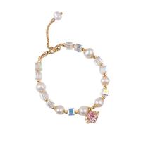 Kultivierten Süßwasser Perle Messing Armband, Natürliche kultivierte Süßwasserperlen, mit Messing, mit Verlängerungskettchen von 6, 14K goldgefüllt, Einstellbar & Modeschmuck & für Frau & mit Strass, Länge:15.5 cm, verkauft von PC