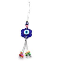 Ornamentos colgantes, Cristal de murano, con Arcilla polimero & Cordón de cera & madera, Flor, patrón de malvado de ojo, azul, longitud:26 cm, Vendido por UD