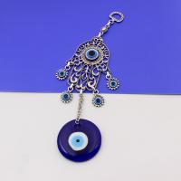 Ornamentos colgantes, aleación de zinc, con Cristal de murano, Mano, chapado en color de plata antigua, patrón de malvado de ojo, azul, 50mm, longitud:22.5 cm, Vendido por UD