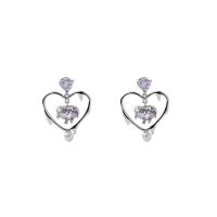 Boucle d'oreille en alliage de zinc en plastique perle, avec perle de plastique, coeur, Placage de couleur argentée, bijoux de mode & pour femme & avec strass, violet Vendu par paire