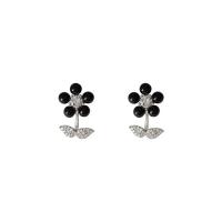 arete de aleación de zinc con diamante de imitación, con Cuentas de vidrio, Flor, chapado en color de plata, Joyería & para mujer & con diamantes de imitación, Negro, 12x27mm, Vendido por Par