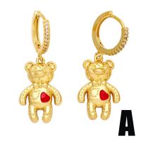 Cubic Zirconia Micro Pave Brass Earring, with Cubic Zirconia, Bear, gold color plated & for woman 