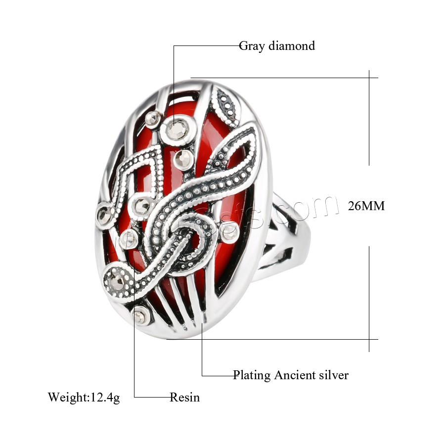 Resin Zinc Alloy Finger Ring, with Resin, Geometrical Pattern, antique silver color plated, different size for choice & for woman & with rhinestone & hollow, more colors for choice, 26mm, US Ring Size:7-10, Sold By PC