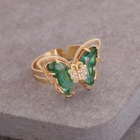 Rhinestone Brass Finger Ring, with Glass, Butterfly, 18K gold plated, adjustable & for woman & with rhinestone US Ring 