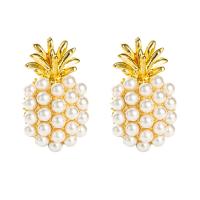 Boucle d'oreille en alliage de zinc en plastique perle, avec perle de plastique, ananas, Placage de couleur d'or, bijoux de mode & pour femme, blanc Vendu par paire