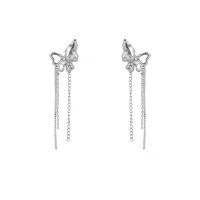 Moda flecos pendientes, aleación de zinc, con cadena de hierro, Mariposa, chapado en color de plata, Joyería & micro arcilla de zirconia cúbica & para mujer, plateado, 58x15mm, Vendido por Par