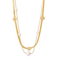 Collier de mode Multi couche, Acier inoxydable 304, avec zircon cubique & perle de plastique, avec 5cm chaînes de rallonge, Rond, Placage ionique sous vide, Double couche & pour femme, blanc, 10mm,8mm Environ 39 cm, Environ 42 cm, Vendu par PC