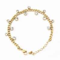 Edelstahl Charm Armband, 304 Edelstahl, mit kubischer Zirkonia, mit Verlängerungskettchen von 4.5cm, flache Runde, Vakuum-Ionen-Beschichtung, für Frau, goldfarben, 4mm,5mm, Länge:ca. 16 cm, verkauft von PC