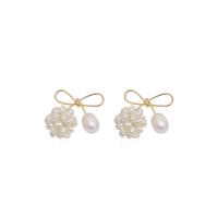 Brass Stud Earring, with Plastic Pearl, Bowknot, gold color plated, fashion jewelry & for woman, golden 