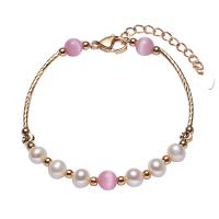 bracelet en laiton de perle d'eau douce cultivée, avec Alliage de cuivre & Oeil de chat, avec 1.57 inch chaînes de rallonge, Plaqué or 18K, pour femme, plus de couleurs à choisir Environ 6.3 pouce, Vendu par PC