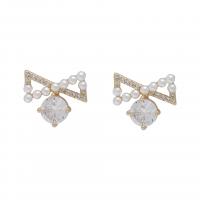 Brass Stud Earring, with Plastic Pearl, Bowknot, gold color plated, fashion jewelry & for woman 