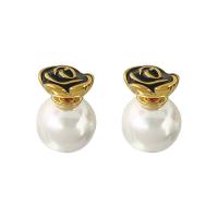 Brass Stud Earring, with Plastic Pearl, Flower, gold color plated, fashion jewelry & for woman & enamel 